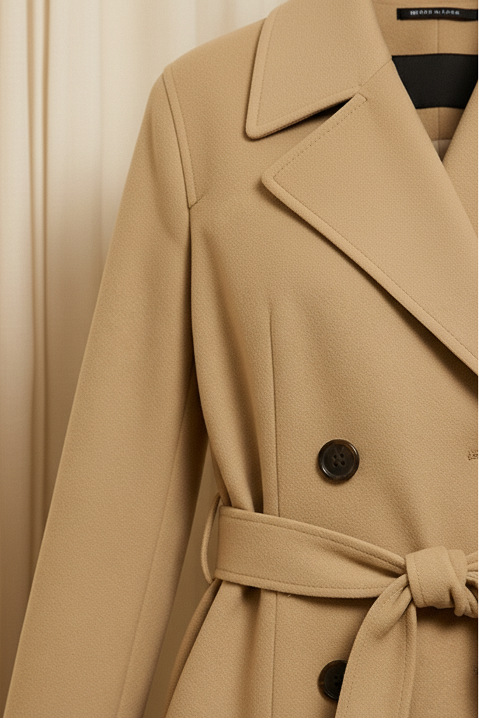 Beige trench coat with a belt against a beige curtain background