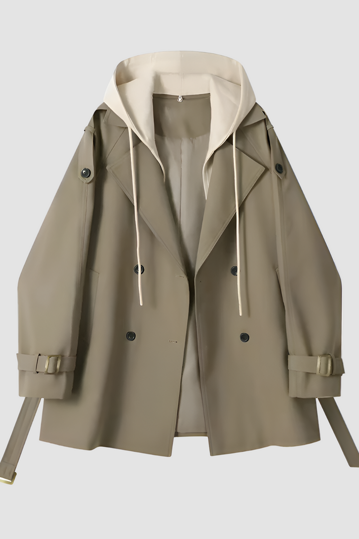 Beige trench coat with a hood on a white background