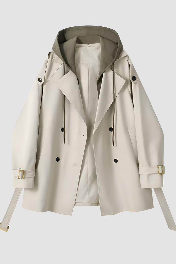 Beige trench coat with a hood on a white background