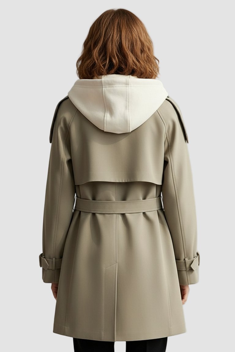 Beige trench coat with a white hood on a gray background