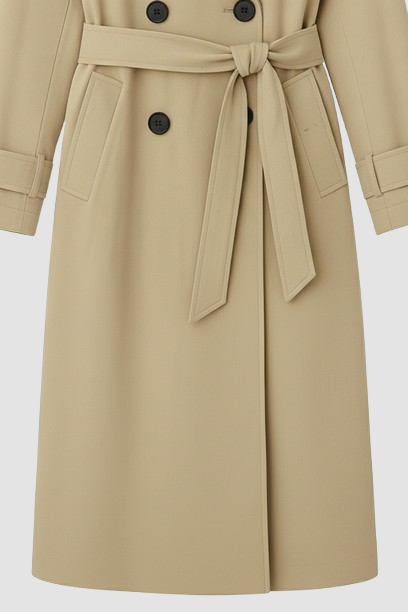 Discover Dalvyn camel belted coat – a double-breasted trench blending modern sophistication, warmth, and timeless elegance.