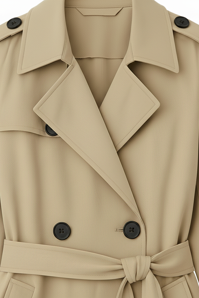 Beige trench coat with black buttons on a white background