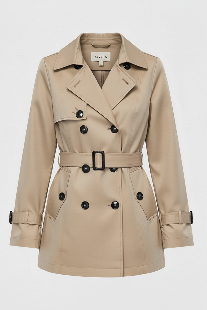 Beige trench coat with black buttons on a light gray background