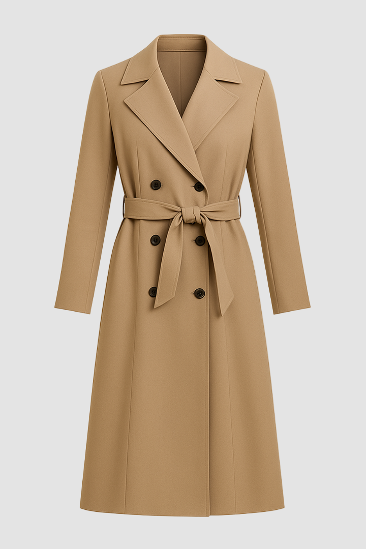 Beige trench coat with black buttons on a white background