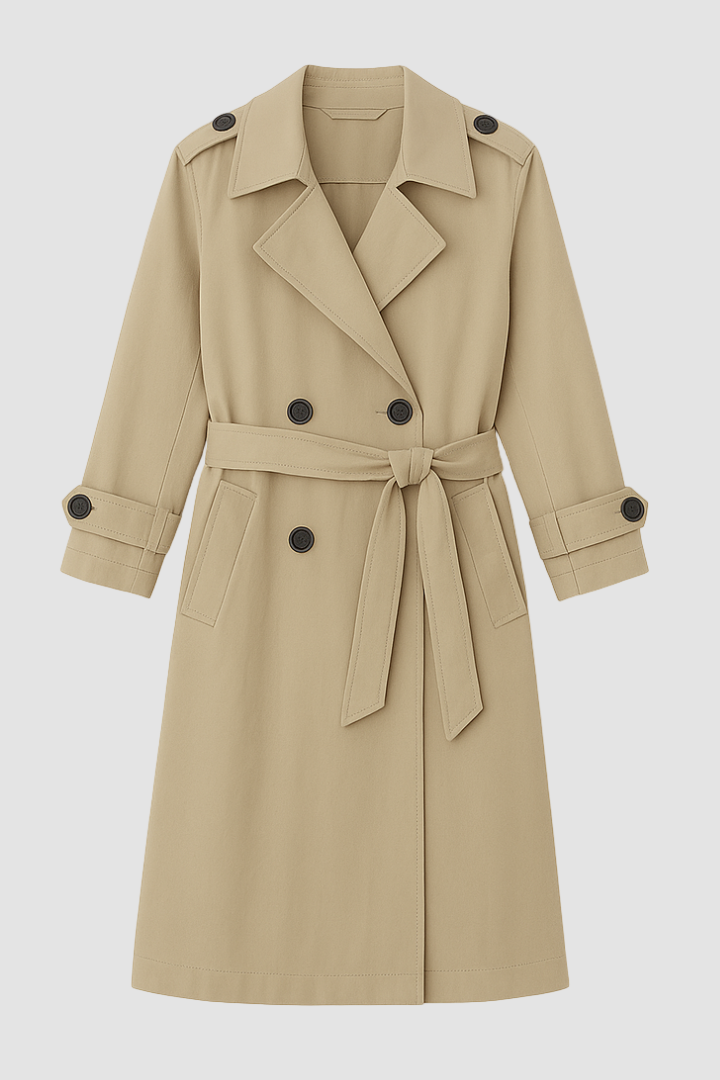 Beige trench coat with black buttons on a white background