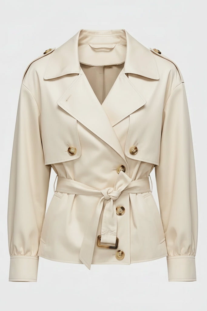 Beige trench coat with gold buttons on a white background
