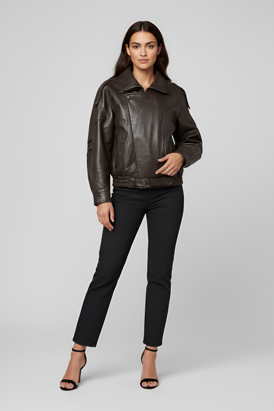 Billie - Oversize Bubble Jacket, brown leather, belted waist, model front view
