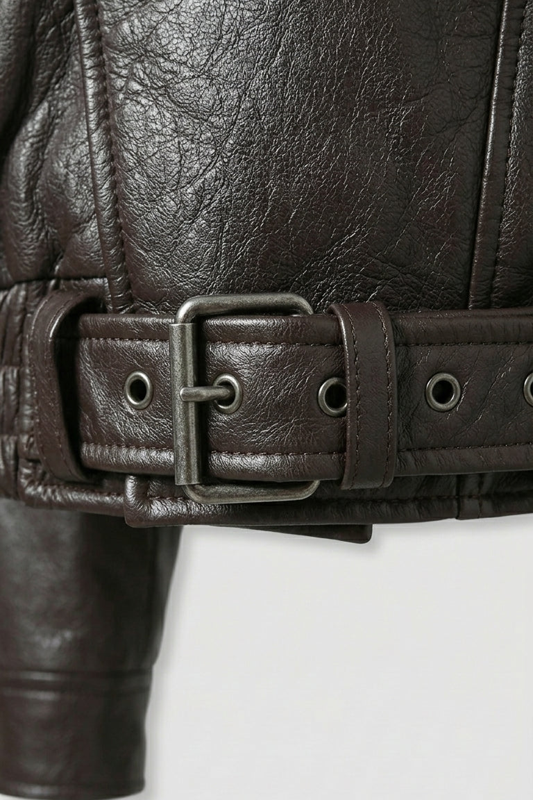Billie - Oversize Bubble Jacket, brown leather detail, belt buckle, close-up