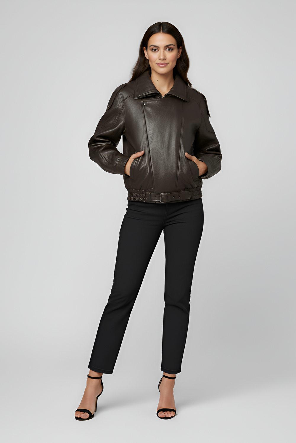 Billie - Oversize Bubble Jacket, brown leather, hands in pockets, front view