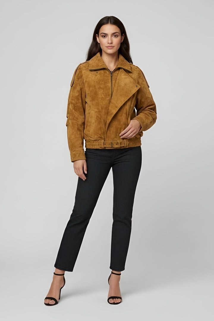 Billie - Oversize Bubble Jacket, tan suede, belted waist, model front view