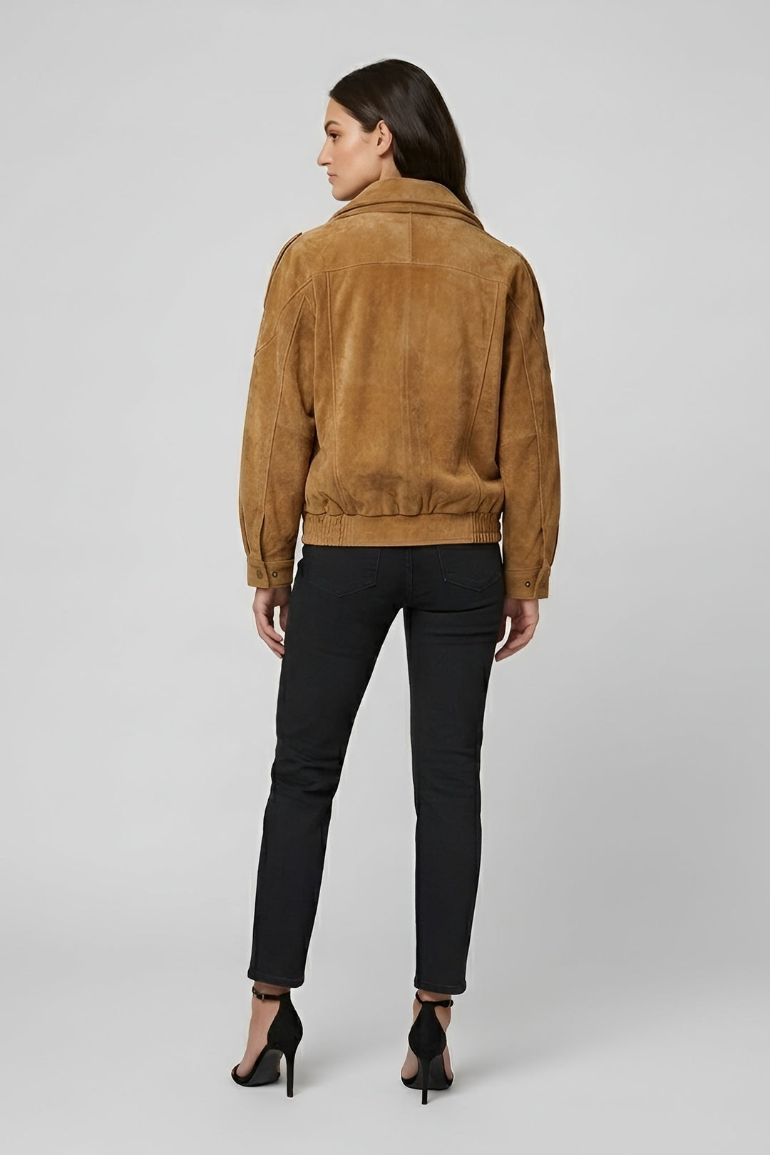 Billie - Oversize Bubble Jacket, tan suede, model back view