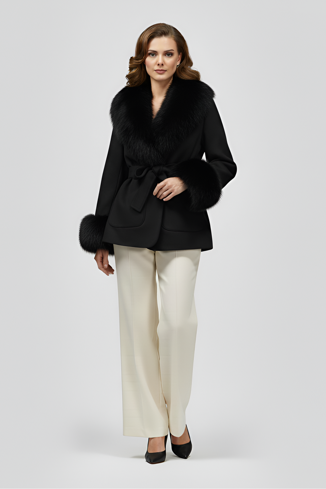 Black faux fur winter coat for women with black fur collar and cuffs, classic luxury outerwear silhouette, premium studio fashion image