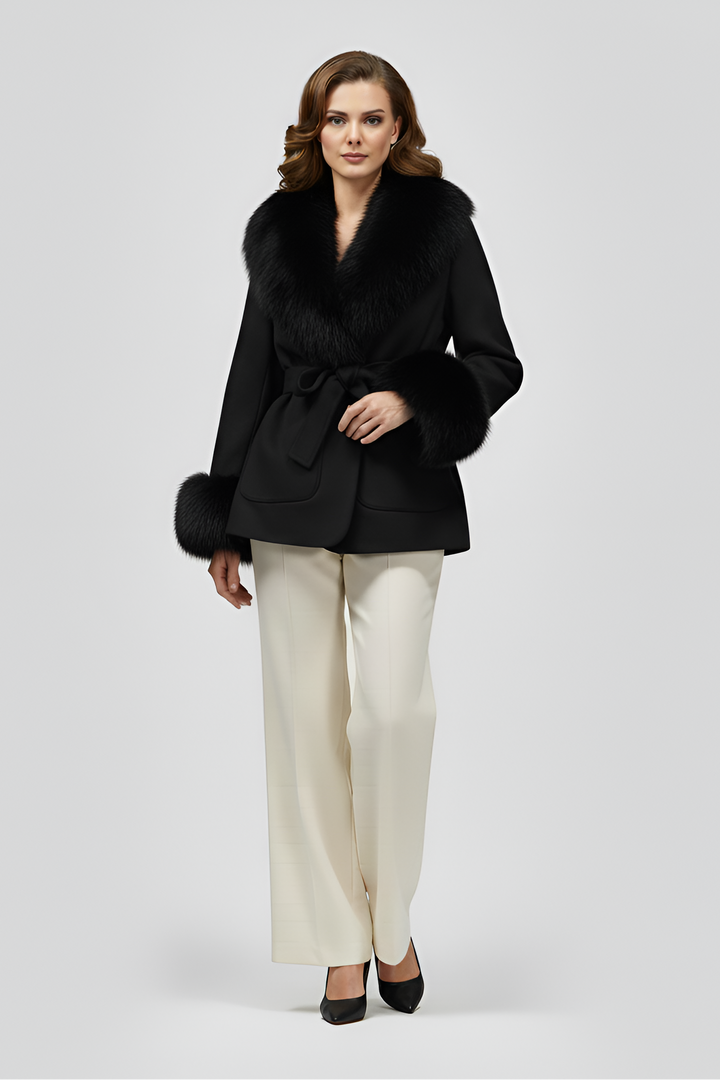 Black faux fur winter coat for women with black fur collar and cuffs, classic luxury outerwear silhouette, premium studio fashion image