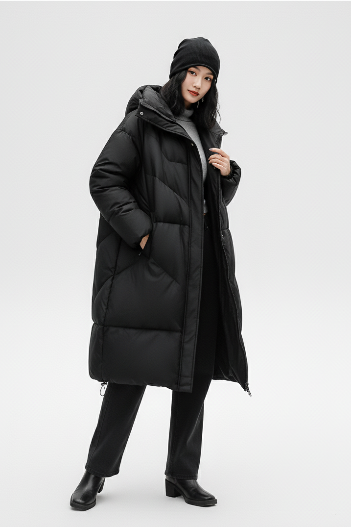 Black Hooded Down Coat flatlay product image