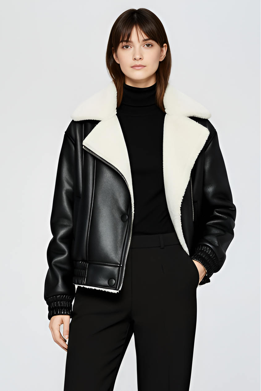 Black PU leather jacket with plush sherpa collar, elastic cuffs and modern short silhouette