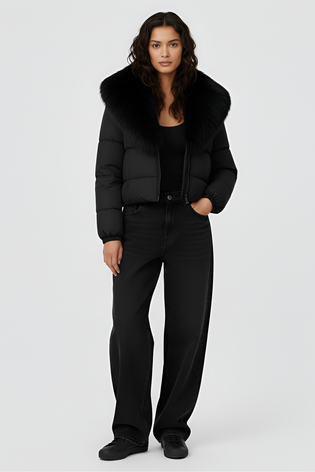 Dalvyn Women's Puffer Jacket with Fox Fur Collar – Black Studio Front View