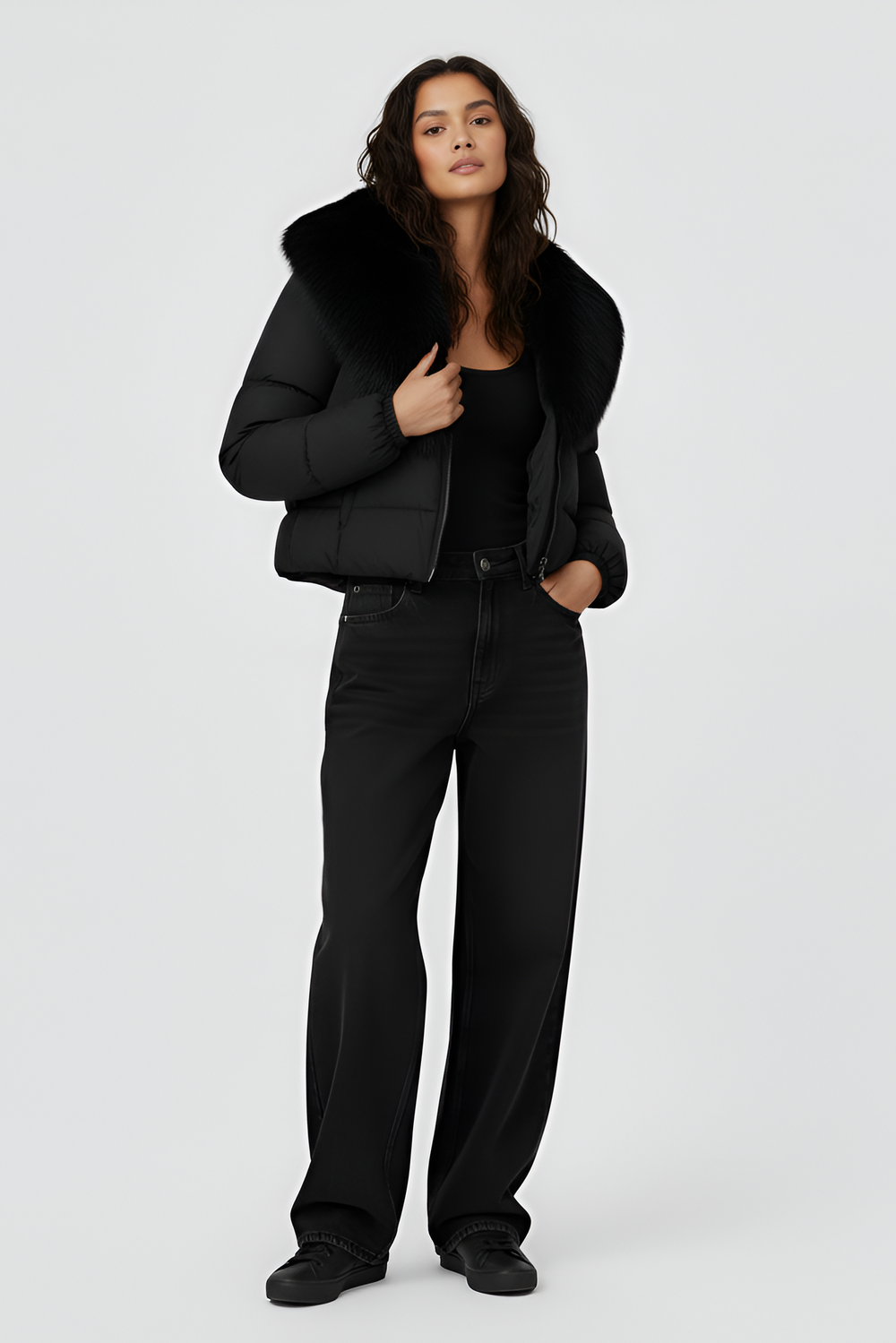 Dalvyn Women's Puffer Jacket with Fox Fur Collar – Black Studio Front View