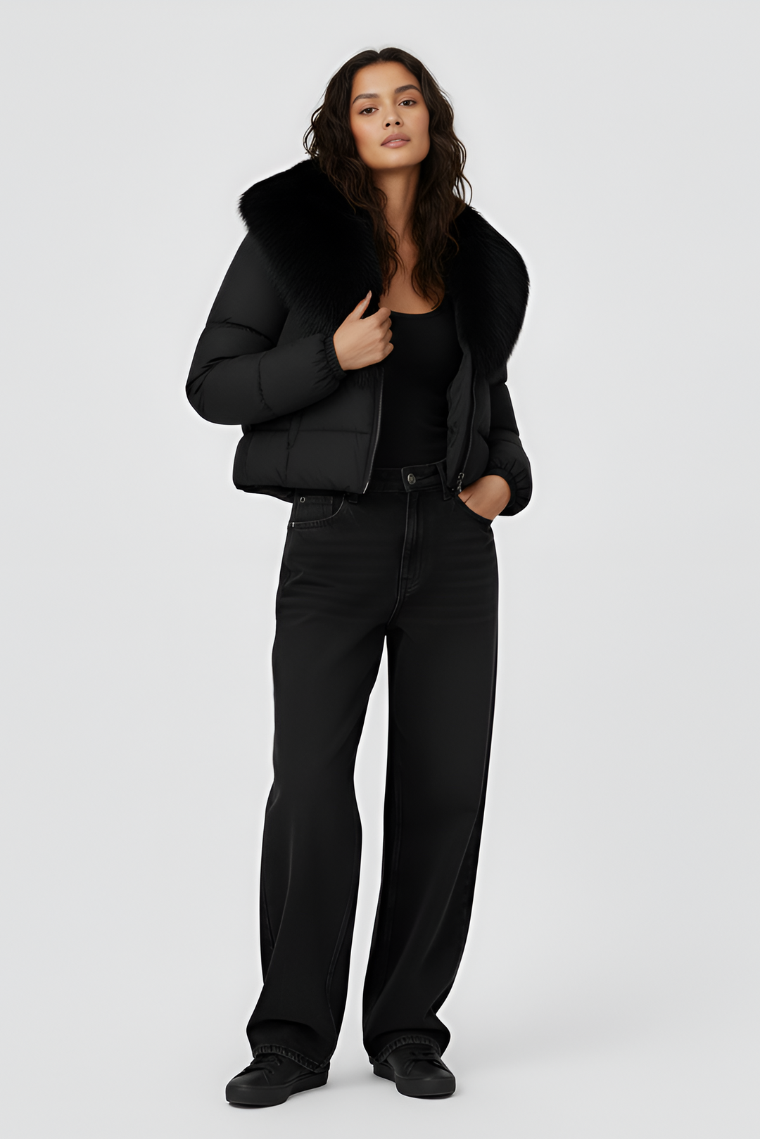 Dalvyn Women's Puffer Jacket with Fox Fur Collar – Black Studio Front View