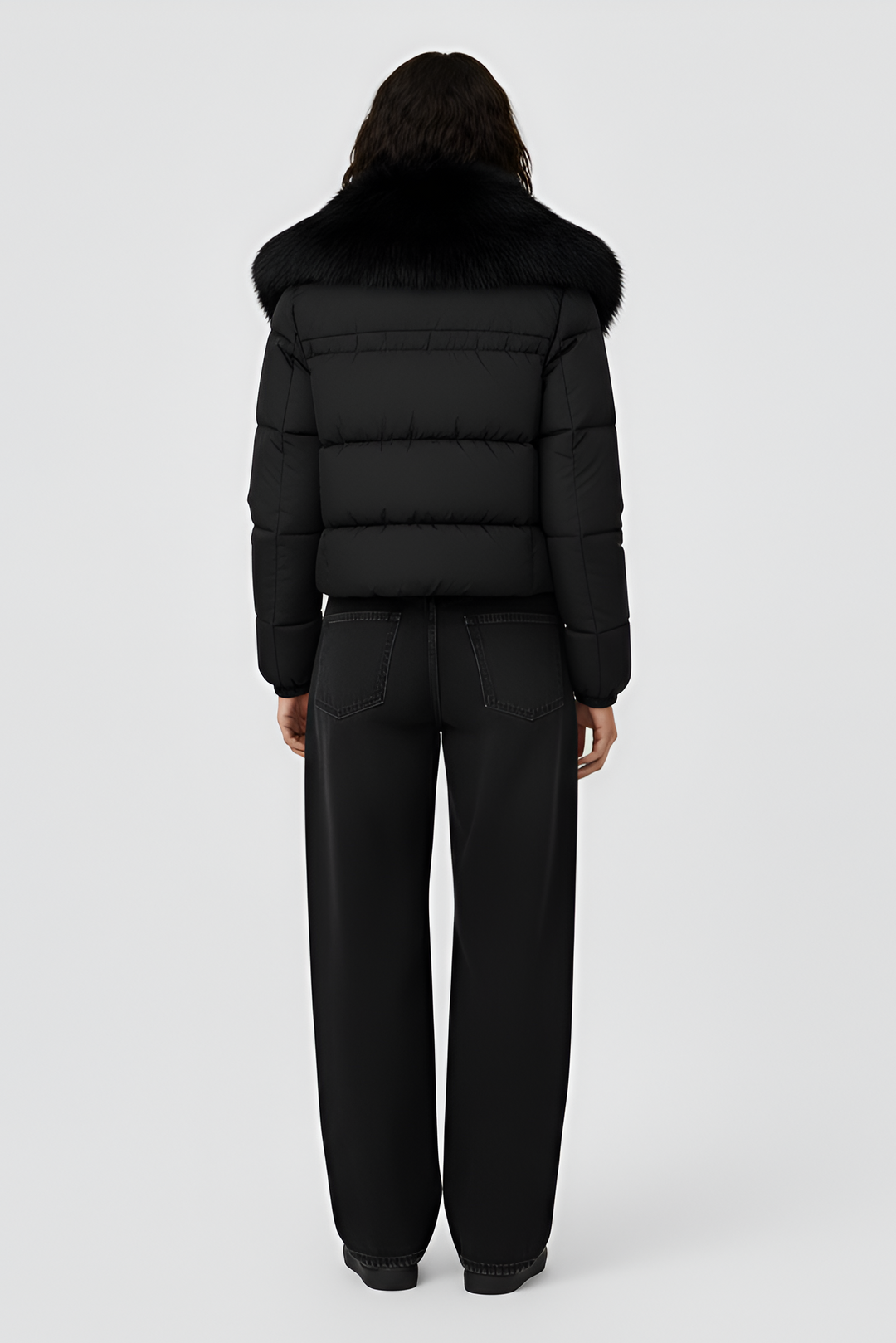 Dalvyn Women's Puffer Jacket with Fox Fur Collar – Black Studio Front View