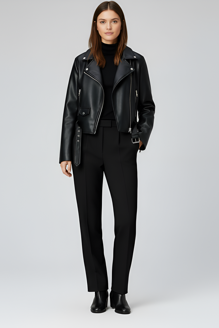 Black belted leather jacket for women with shiny zip pockets and modern cropped silhouette