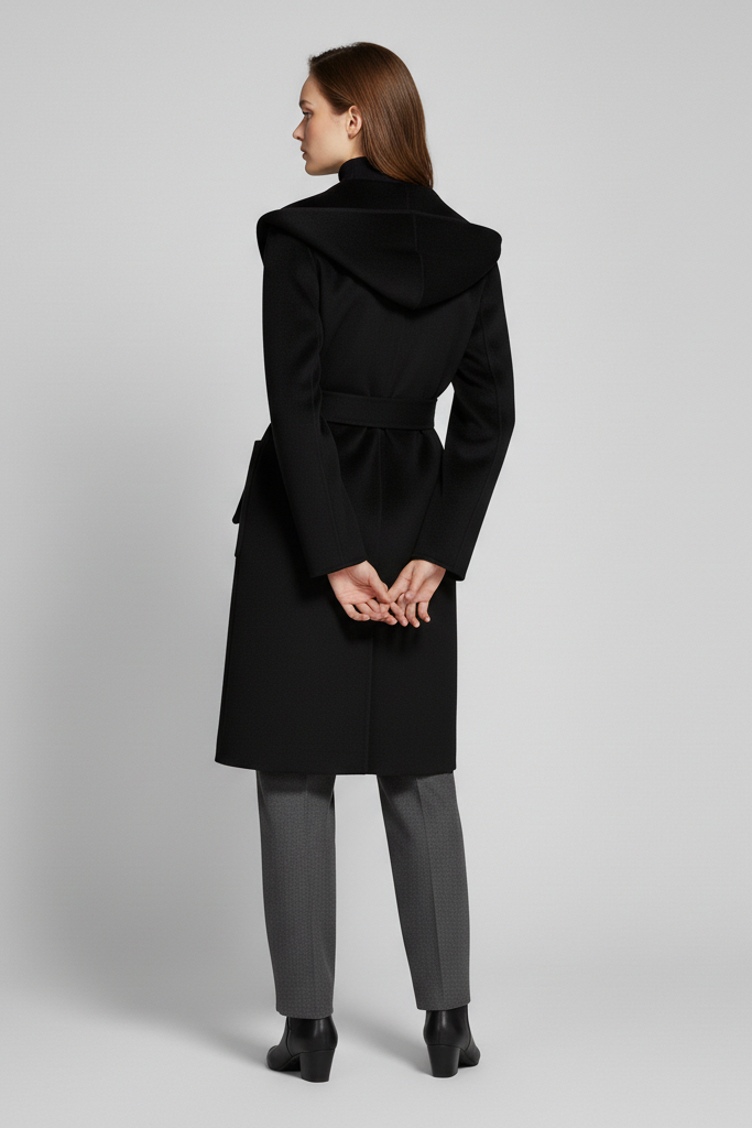 Woman wearing a black coat on a gray background