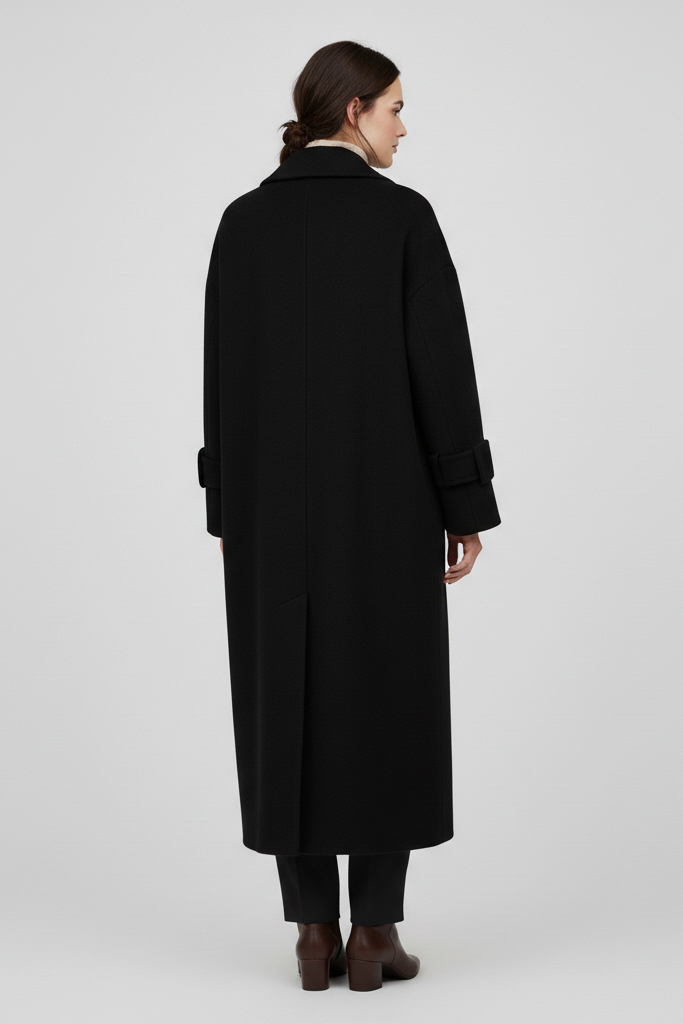 Person wearing a black coat on a white background