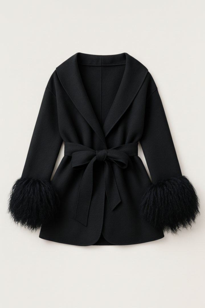 Black coat with feathered cuffs on a white background
