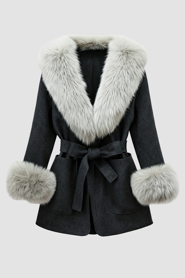 Black coat with fur trim and cuffs on a white background