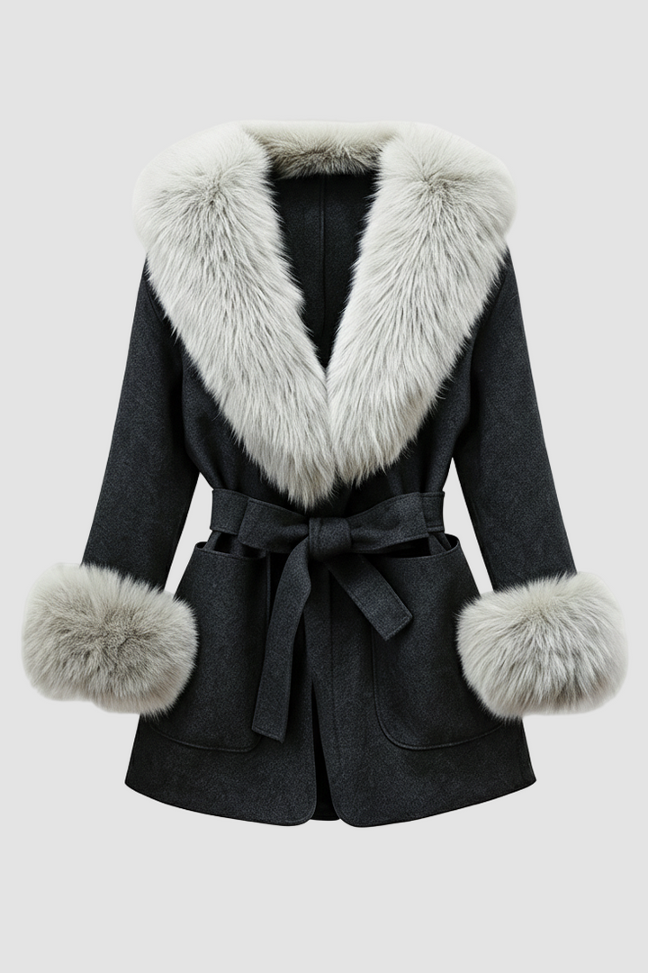 Black coat with fur trim and cuffs on a white background