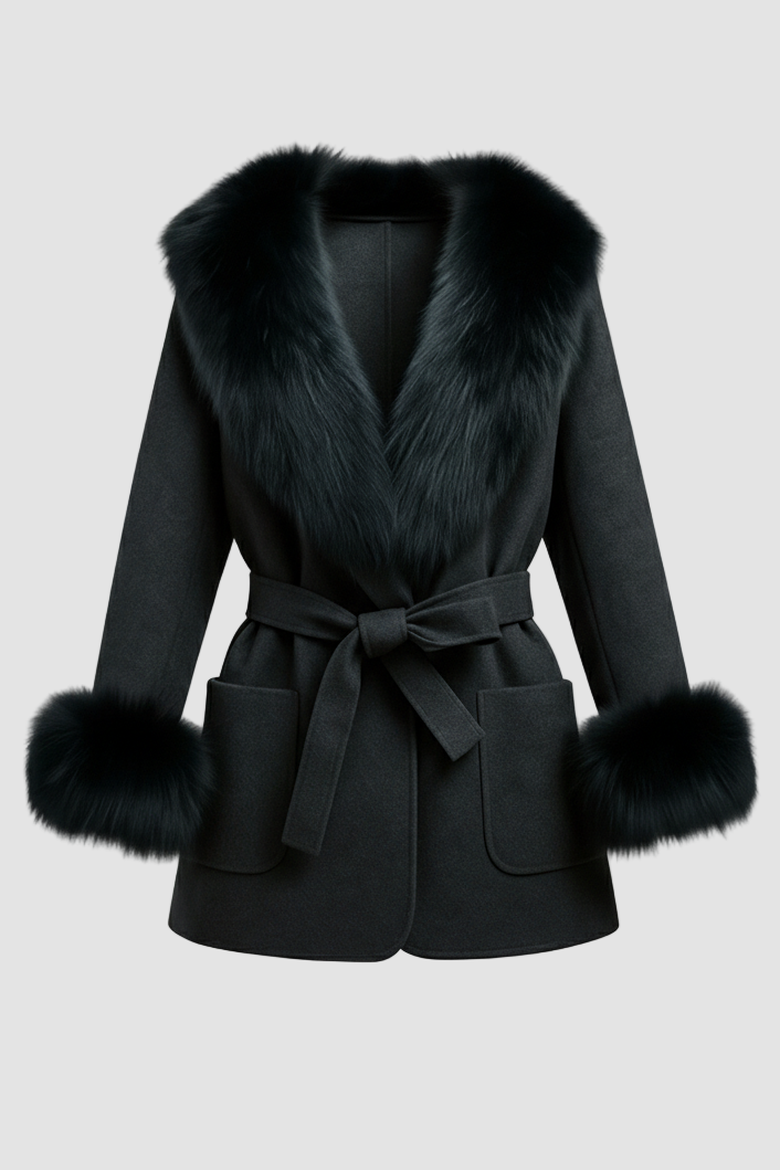 Black coat with fur trim on a white background