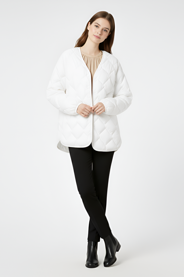 Black collarless down jacket with full insulated sleeves