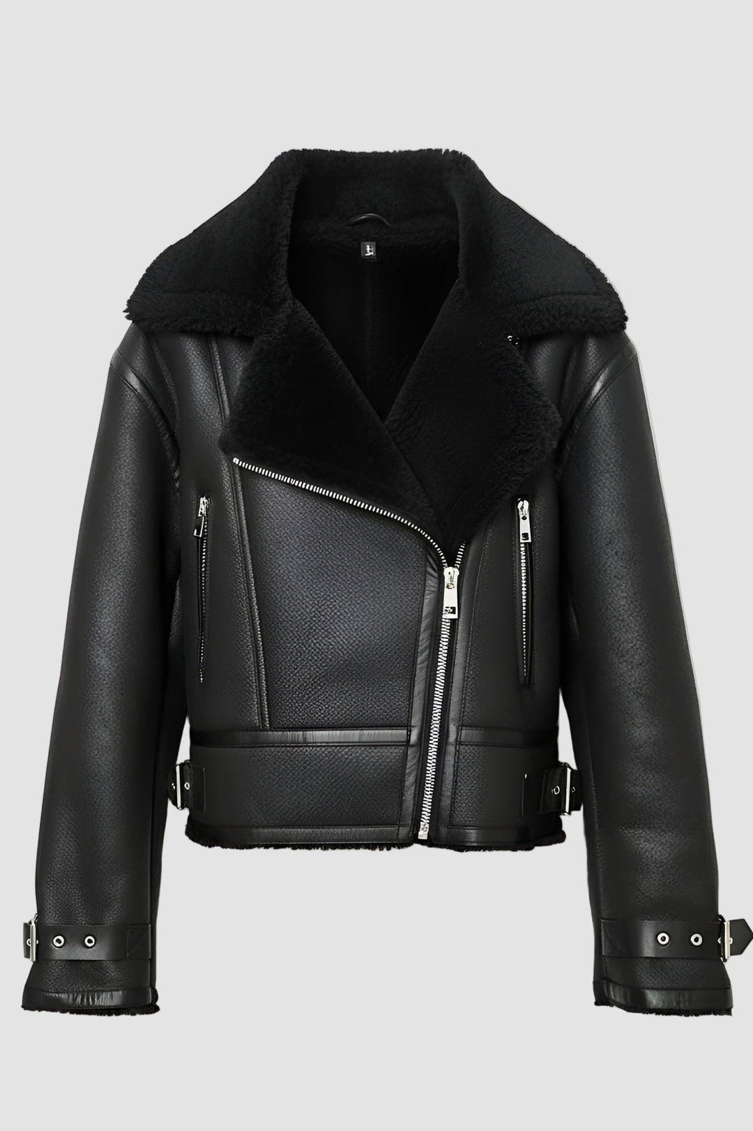 Black cropped faux leather biker jacket with lambswool collar on hanger, front view