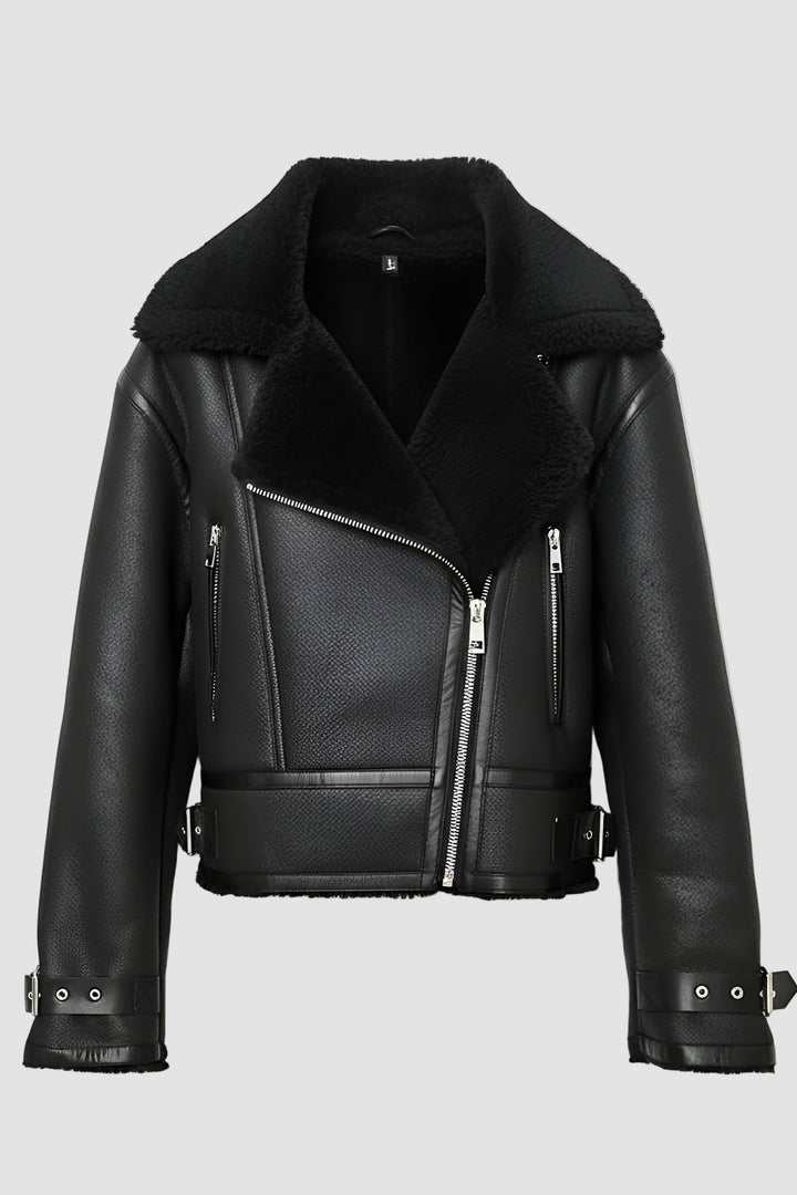 Black cropped faux leather biker jacket with lambswool collar on hanger, front view