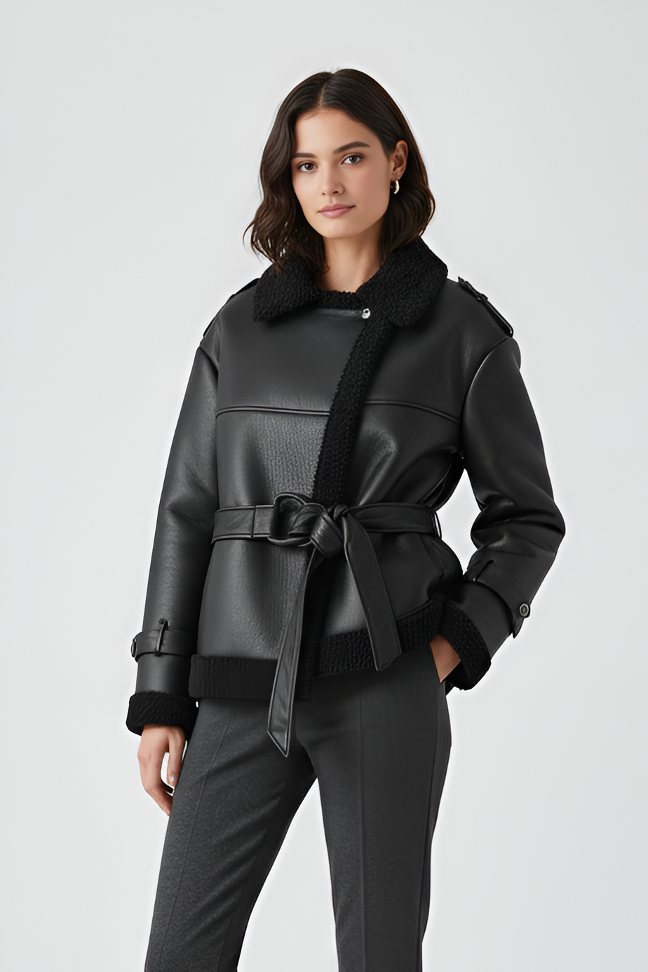 Black faux leather plush belted coat front view studio