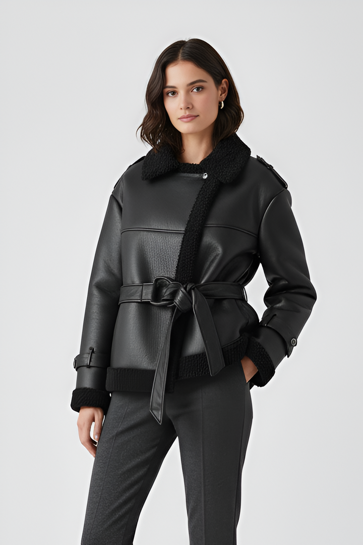 Black faux leather plush belted coat front view studio