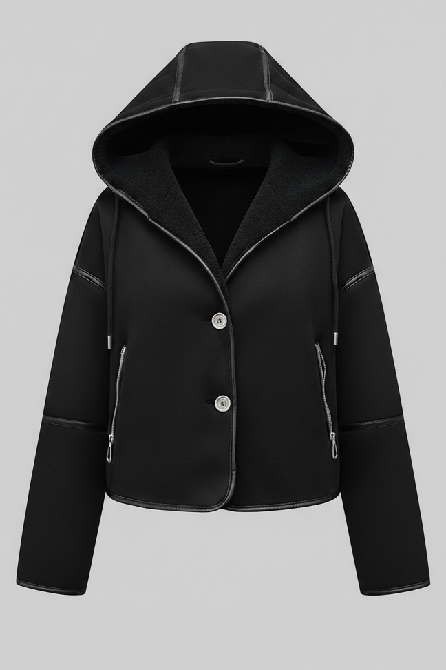 Black hooded jacket on a light gray background
