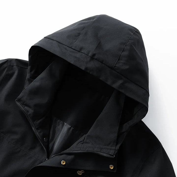 Black hooded jacket on a white background