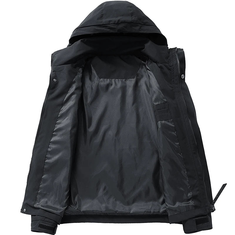 Black jacket with a hood on a white background