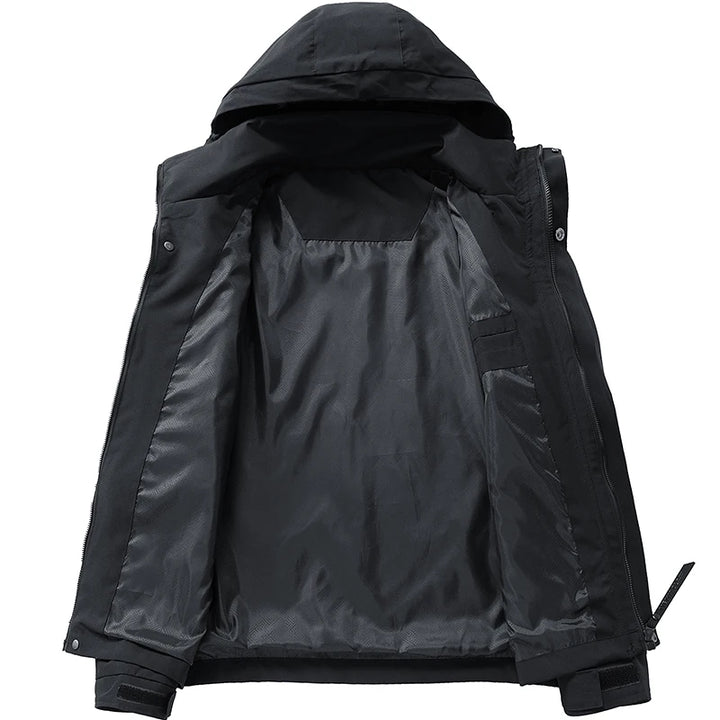 Black jacket with a hood on a white background