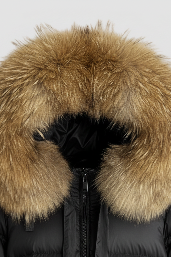 Black jacket with a large fur hood on a light gray background