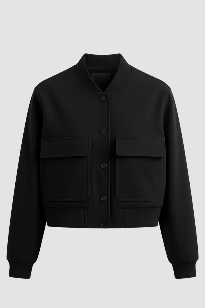 Black jacket with button details on a white background
