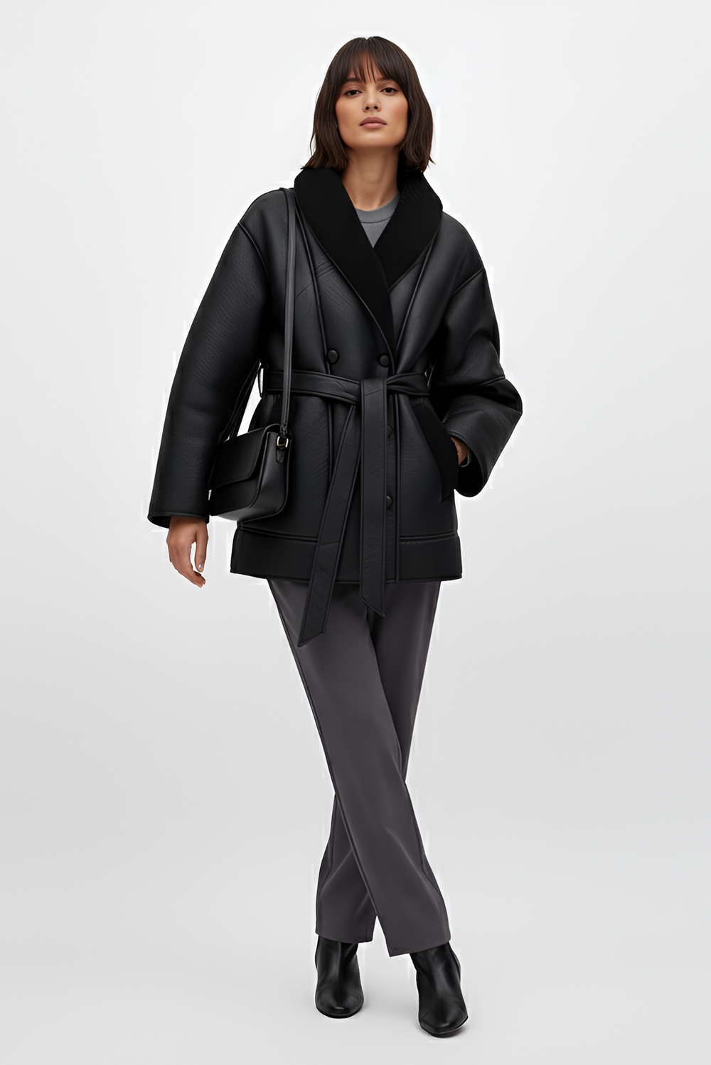 Black lamb faux fur oversized belted coat front view