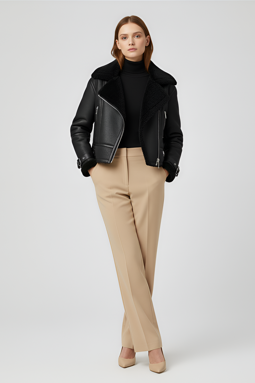 Black lambswool biker jacket worn by model, front asymmetric zip styling