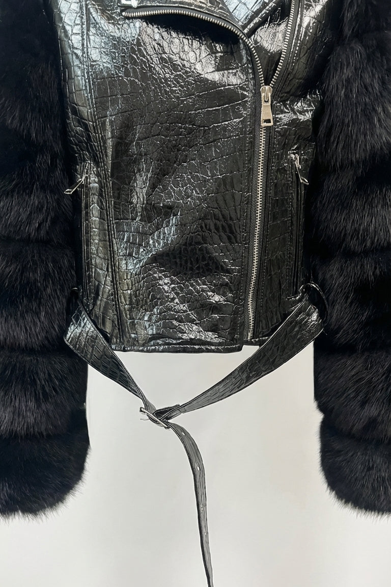 Black leather backpack with fur trim on a white background