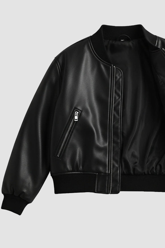 Black leather bomber jacket on a white background