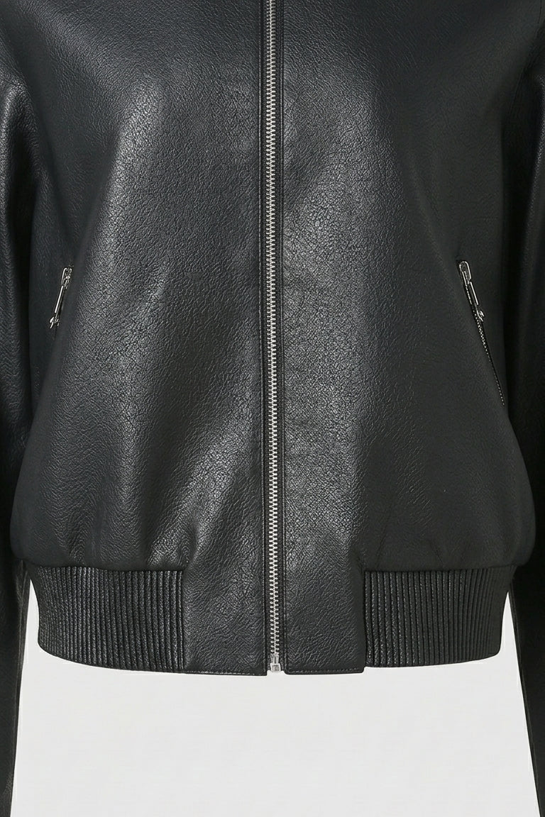 Black leather bomber jacket on a white background