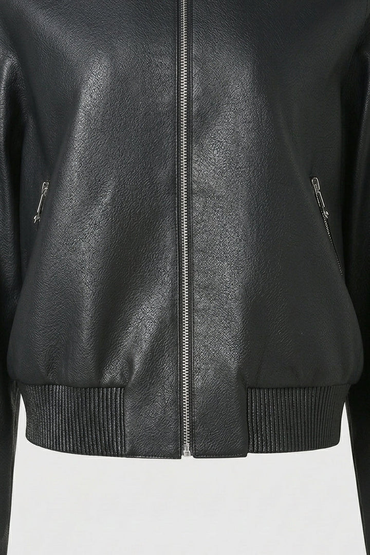 Black leather bomber jacket on a white background