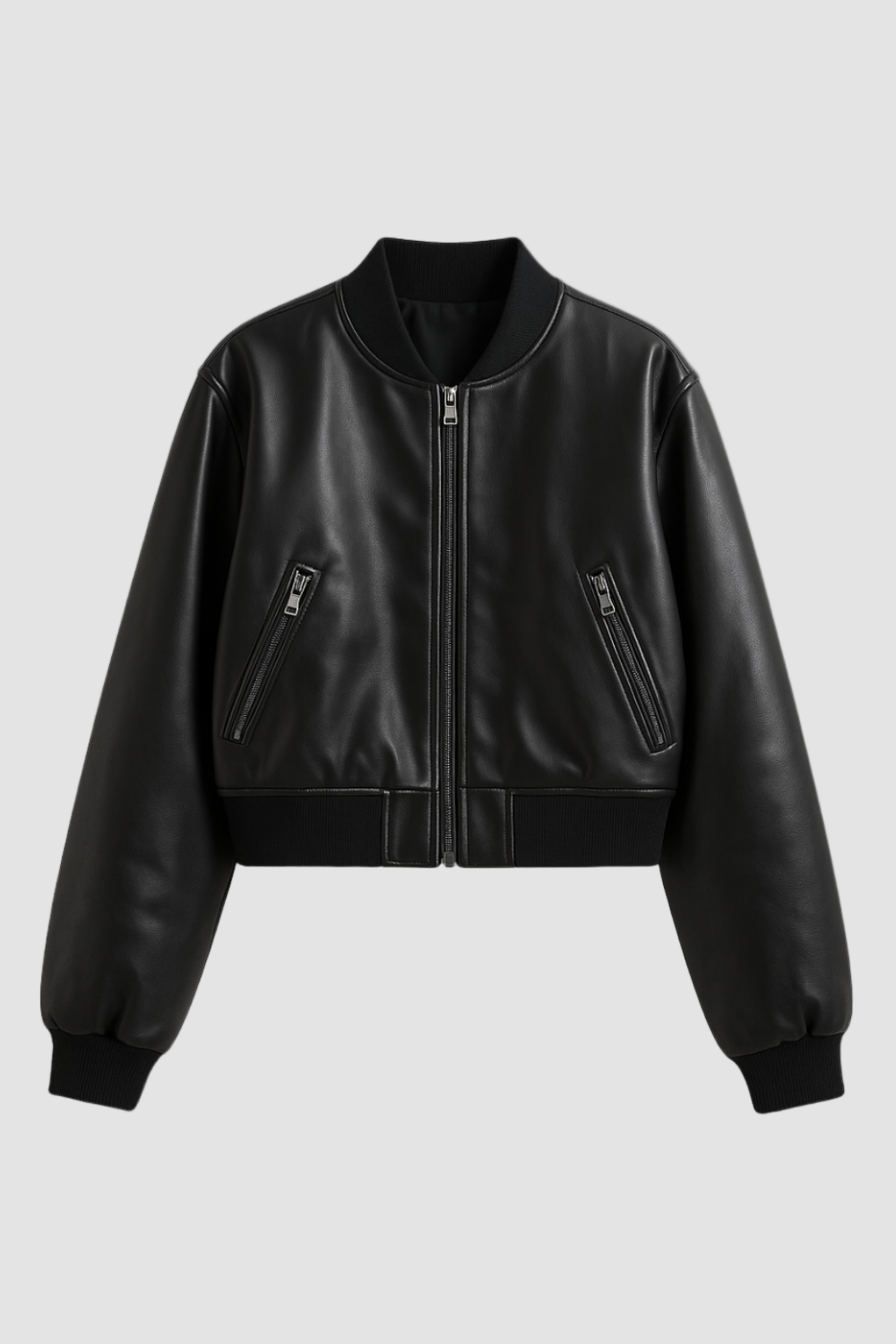 Black leather bomber jacket on a white background