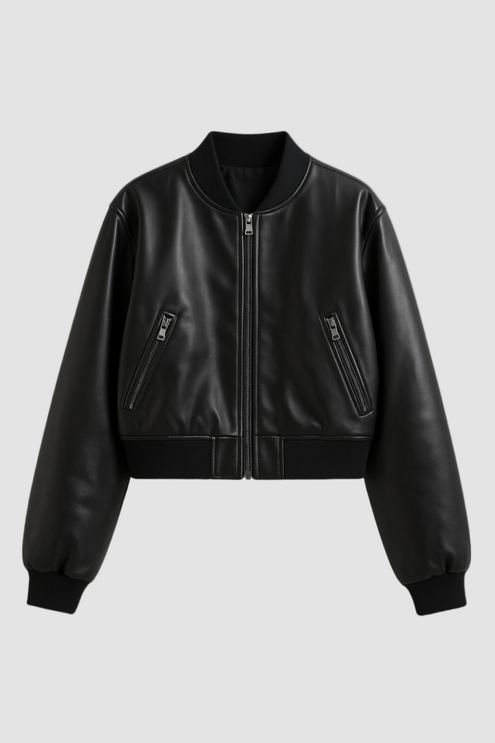 Black leather bomber jacket on a white background
