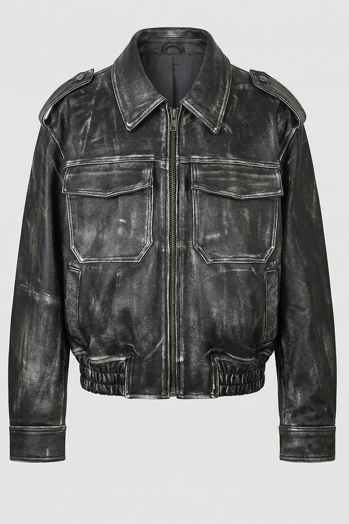 Black leather jacket on a light gray background